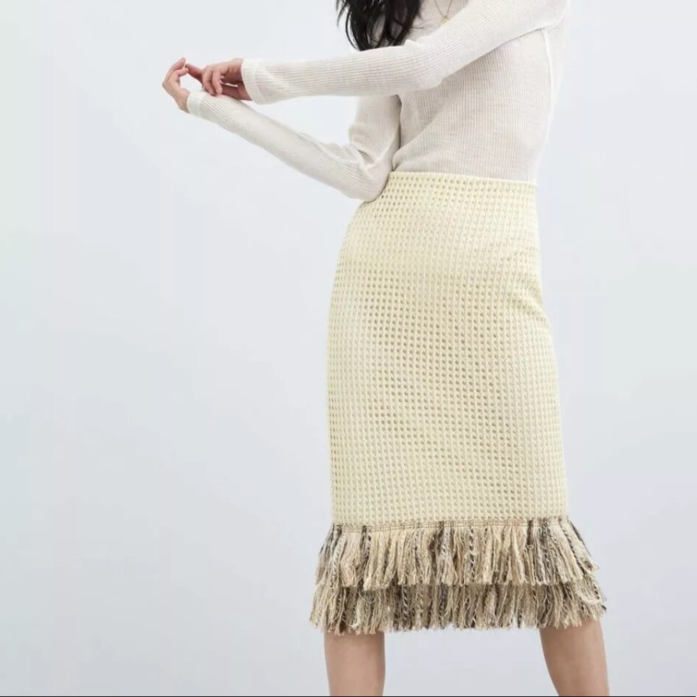 Zara Mesh Crochet Fringe Cream Midi Skirt
